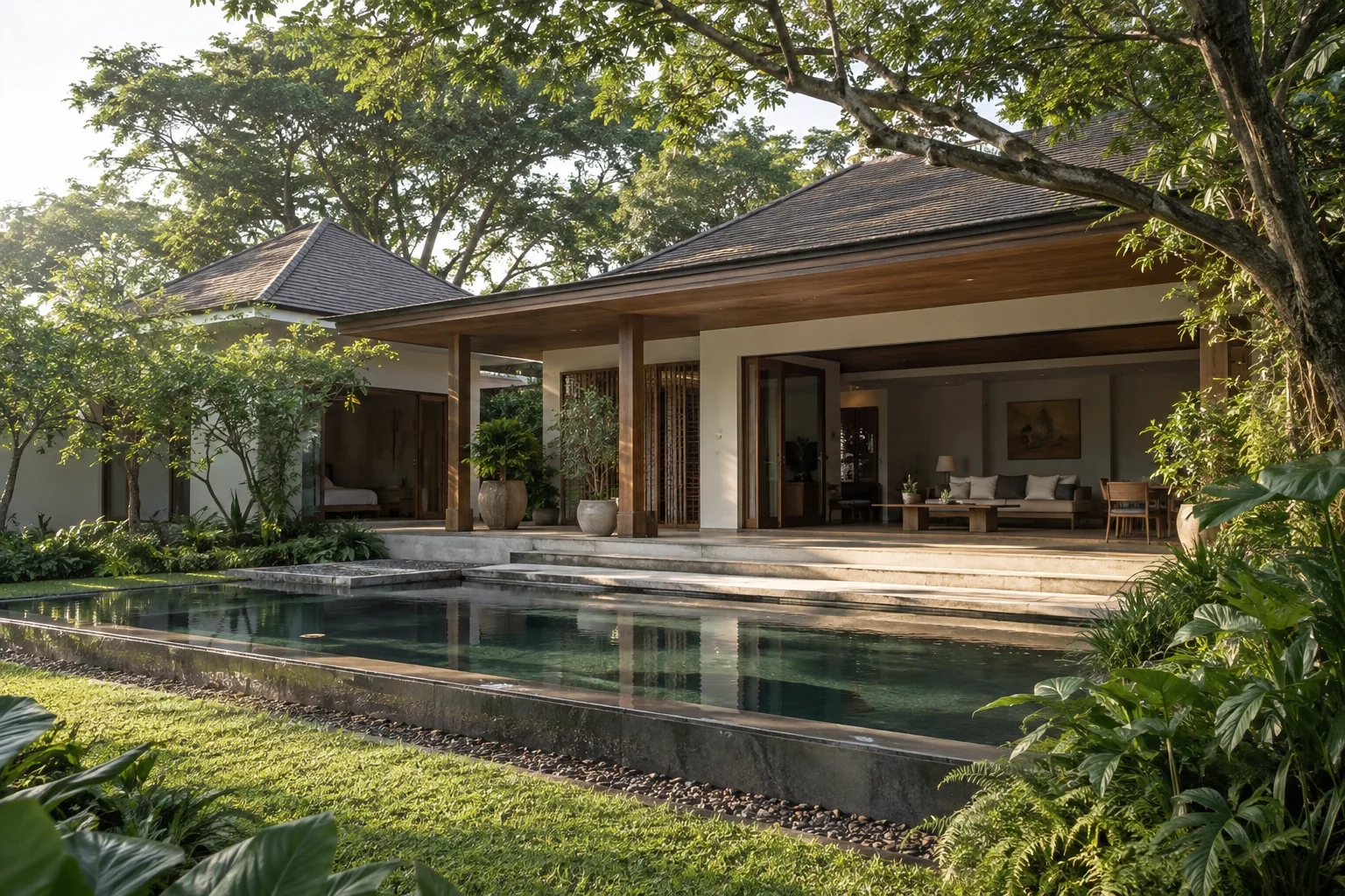 ภาพจำลองบ้านร่วมสมัยในสวน สร้างด้วย AI